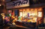  1boy 2girls ^_^ architecture big_man_(splatoon) black_pants black_socks blonde_hair blue_hair blurry blurry_background bowl chest_sarashi closed_eyes colored_skin crop_top dango dark-skinned_female dark_skin earrings east_asian_architecture eyeliner food food_on_head food_stand frye_(splatoon) grin hachimaki hair_over_one_eye hand_fan hanging_plant harem_pants headband hokkamuri holding inkling_(language) jellyfish_(splatoon) jewelry long_hair makeup manhole_cover manta_ray mask mizushishi mouth_mask multicolored_skin multiple_earrings multiple_girls nejiri_hachimaki night object_on_head octarian outdoors pants paper_fan plant pointy_ears poncho potted_plant propane_tank purple_skin red_eyeliner red_footwear sarashi see-through shiver_(splatoon) sign sink sleeveless smile socks splatoon_(series) splatoon_3 standing steam suction_cups table tempura tentacle_hair toeless_legwear trash_bag turtleneck turtleneck_crop_top twitter_username two-tone_skin uchiwa wagashi white_pants white_socks wooden_table yellow_crop_top 