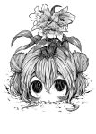  1girl 4shi bangs commentary_request dango-chan_(4shi) disembodied_head double_bun flower flower_on_head flower_request greyscale hair_between_eyes hair_bun highres hollow_eyes horror_(theme) monochrome original roots short_hair simple_background white_background 