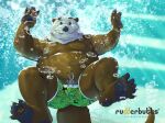 2022 anthro belly big_belly bottomwear brown_body clothing hi_res lutrine male mammal mature_male moobs mustelid nipples overweight overweight_male rudderbutts shorts skrawl solo swimwear underwater water 