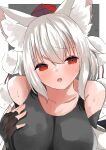  1girl absurdres animal_ears black_gloves blush breasts collarbone fingerless_gloves gloves hair_between_eyes hat highres inubashiri_momiji large_breasts looking_at_viewer open_mouth red_eyes red_headwear regua short_hair solo tokin_hat touhou upper_body white_hair wolf_ears 