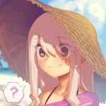  1girl ? bangs bare_shoulders beach blue_sky blush boa_(brianoa) breasts collarbone hair_between_eyes hat highres long_hair off_shoulder orange_eyes purple_shirt shirt sidelocks sky small_breasts smile solo straw_hat white_hair 