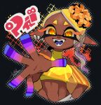  1girl 2022 :d bare_shoulders black_background blonde_hair blue_skin breasts colored_eyelashes colored_skin colored_tongue crop_top cross-shaped_pupils dark-skinned_female dark_skin earrings fangs food food_on_head frye_(splatoon) gradient_hair groin inkling_(language) isamu-ki_(yuuki) jewelry long_hair medium_breasts multicolored_hair multicolored_skin multiple_earrings navel object_on_head outstretched_arm pointy_ears poncho purple_hair purple_skin purple_tongue see-through signature sleeveless smile solo splatoon_(series) splatoon_3 teeth tempura tentacle_hair turtleneck turtleneck_crop_top two-tone_hair yellow_crop_top yellow_eyes 