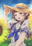  1girl :d absurdres bangs blue_neckerchief blunt_bangs brown_eyes day flower hair_ornament hairclip hand_on_headwear hand_up hat highres indie_virtual_youtuber looking_at_viewer neckerchief outdoors shirt short_sleeves smile solo standing sun_hat sunflower takllou upper_body virtual_youtuber white_shirt yomiyama_humino 