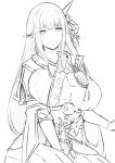  1girl absurdres breasts food greyscale hair_ornament highres hime_cut hinoa large_breasts latte lineart monochrome monster_hunter_(series) monster_hunter_rise pointy_ears simple_background sketch smile solo unfinished wagashi white_background 