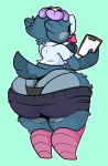  anthro avian big_butt bird bottomwear butt clipboard clothed clothing columbid eyewear feathers female hi_res pigeon rear_view shaded short_stack shorts simple_background simple_eyes simple_shading sludgie solo solo_focus super_animal_royale tail_feathers thick_thighs video_games wide_hips 