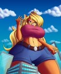  2022 5:6 5_fingers absurd_res activision anthro bandicoot belt big_breasts blue_bottomwear blue_clothing blue_shorts bottomwear breasts building city clothing cloud coco_bandicoot crash_bandicoot_(series) female fingers fur hi_res larger_female lidded_eyes macro mammal marsupial micro midriff serge_salvatrice shorts size_difference size_play sky skyscraper smaller_female tawna_bandicoot video_games 