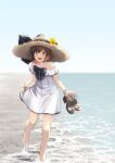  1girl barefoot beach blue_sky brown_eyes brown_hair cloud day dress full_body hat highres kantai_collection official_alternate_costume open_mouth outdoors round_teeth sandals sandals_removed short_hair sky solo straw_hat sun_hat teeth upper_teeth watanore white_dress yukikaze_(kancolle) 