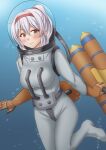  1girl alternate_costume anti_(untea9) blush brown_eyes closed_mouth commission diving_suit gloves hair_between_eyes headband highres kantai_collection long_hair long_sleeves orange_gloves pixiv_request red_headband shoukaku_(kancolle) smile solo underwater white_hair 