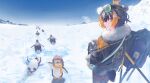  1girl backpack bag betabeet bird black_hair black_jacket blue_eyes commentary english_commentary fur-trimmed_jacket fur_trim goggles hat highres jacket light_smile looking_at_viewer looking_back mountain mountainous_horizon nijisanji nijisanji_en orange_hair outdoors penguin penguin_girl petra_gurin scarf serious short_hair snow virtual_youtuber 