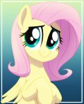  absurd_res digital_media_(artwork) equid equine eyelashes feathered_wings feathers female feral fluttershy_(mlp) folded_wings friendship_is_magic gradient_background green_eyes hair hasbro hi_res hooves mammal my_little_pony pegasus pink_hair shy simple_background smile solo whitequartztheartist wings yellow_body 