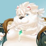  2022 anima_(anothereidos_r) another_eidos_of_dragon_vein_r anthro belly big_belly black_nose canid canine clothed clothing hi_res hoodie humanoid_hands kemono male mammal moobs nipples open_clothing open_hoodie open_topwear overweight overweight_male portrait simple_background solo tolsche topwear white_body 