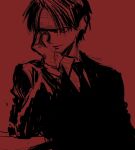  1boy bandaged_head bandages chrollo_lucilfer closed_mouth formal head_rest highres hunter_x_hunter maki_keigo male_focus monochrome necktie red_background red_theme simple_background sketch smile solo suit upper_body 