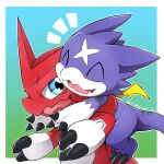  a_midnight_cat anthro bandai_namco blue_eyes blush claws digimon digimon_(species) dragon duo embrace gumdramon hay hi_res hug hugging_from_behind male male/male purple_body scalie 