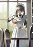  1girl bangs black_shirt blunt_bangs blurry blurry_background bow bowtie chair closed_eyes collared_shirt cup dot_nose dress frills green_hair highres holding holding_saucer holding_teapot indoors light_smile long_dress long_sleeves maid maid_headdress original pouring sash saucer shelf shii_(kairi-t-k0317) shirt short_hair short_twintails solo standing table teapot twintails white_bow white_bowtie white_dress white_sash window 