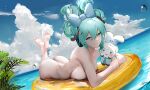  1girl aqua_eyes aqua_hair ass barefoot blue_sky bow breasts cinnamiku cinnamoroll closed_mouth cloud completely_nude day hair_between_eyes hair_bow hatsune_miku highres looking_at_viewer lying medium_breasts nude ocean omone_hokoma_agm on_stomach outdoors revision sky smile soles toes vocaloid wet white_bow 