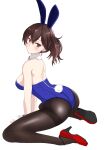  1girl animal_ears ass back black_pantyhose blue_leotard breasts brown_eyes brown_hair detached_collar fake_animal_ears high_heels highres kaga_(kancolle) kantai_collection kneeling leotard looking_at_viewer looking_to_the_side medium_breasts nitamako_(sakamalh) pantyhose playboy_bunny rabbit_ears rabbit_tail red_footwear short_sidetail side_ponytail simple_background sitting solo strapless strapless_leotard tail wariza white_background wrist_cuffs zipper 