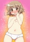  1girl bangs blush breasts brown_eyes brown_hair commentary covering covering_breasts cowboy_shot crotch_seam flying_sweatdrops hair_ornament hidamari_sketch highres looking_at_viewer navel okaasan_mother open_mouth panties short_hair small_breasts smile solo sparkle standing topless underwear underwear_only white_panties x_hair_ornament yuno_(hidamari_sketch) 