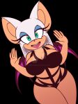  2018 anthro bat_wings big_breasts black_background blue_eyes breasts chiropteran cleavage clothed clothing countershade_face countershading curvy_figure eyeshadow female fur hair hi_res lipstick looking_at_viewer makeup mammal membrane_(anatomy) membranous_wings omegasunburst open_mouth rouge_the_bat sega simple_background skimpy smile solo sonic_the_hedgehog_(series) swimwear tan_body watermark white_body white_fur white_hair wide_hips wings 