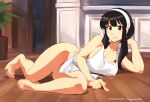  1girl apron bangs bare_shoulders barefoot black_hair blush breasts cleavage commentary earrings english_commentary feet hairband jewelry large_breasts long_hair lying naked_apron on_side paid_reward_available red_eyes sidelocks smile solo spy_x_family squeezable_(artist) toes yor_briar 