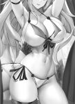  1girl arms_up bikini breasts freya_(seventh_star) head_out_of_frame highres large_breasts long_hair monochrome navel open_mouth reflection seventh_star side-tie_bikini smile swimsuit tony_guisado 
