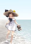  1girl barefoot beach blue_sky brown_eyes brown_hair cloud commentary_request day dress full_body hat highres kantai_collection official_alternate_costume open_mouth outdoors round_teeth sandals sandals_removed short_hair sky solo straw_hat sun_hat teeth translation_request upper_teeth watanore white_dress yukikaze_(kancolle) 