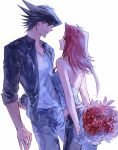  1boy 1girl absurdres arms_behind_back bare_arms black_hair black_jacket blonde_hair blue_eyes blue_shirt bouquet brown_eyes closed_mouth collarbone couple eye_contact floating_hair flower fudou_yuusei grey_pants grey_shirt hetero highres holding holding_bouquet izayoi_aki jacket leaning_back leaning_forward long_hair looking_at_another multicolored_hair naoki_(2rzmcaizerails6) open_clothes open_jacket pants red_flower red_hair red_rose rose shiny shiny_hair shirt simple_background sleeveless sleeveless_shirt spiked_hair two-tone_hair white_background yu-gi-oh! yu-gi-oh!_5d&#039;s 