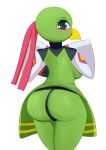  absurd_res anthro anthrofied beak blush breasts butt clothing digital_media_(artwork) female generation_2_pokemon green_body green_skin hi_res looking_back nintendo nude pilu_(artist) pokemon pokemon_(species) rear_view simple_background solo standing thong underwear video_games wings xatu 