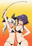  2girls ;d anchovy_(girls_und_panzer) arm_up bad_id bad_twitter_id bangs bikini black_bikini black_hair black_ribbon braid breasts brown_eyes drill_hair fang girls_und_panzer gradient gradient_background green_hair hair_ribbon hair_tie hand_on_hip highres holding inactive_account large_breasts long_hair looking_at_viewer multiple_girls navel okaasan_mother one_eye_closed open_mouth orange_background pepperoni_(girls_und_panzer) red_background red_eyes ribbon riding_crop short_hair side_braid small_breasts smile standing swimsuit texture twin_drills twintails 