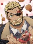  1boy balor_(housamo) bara beard black_hair blonde_hair chocolate collared_shirt commentary_request eyepatch facial_hair flaming_eye green_eyes grey_sweater heart highres looking_at_viewer male_focus mature_male multicolored_hair muscular muscular_male nizitarosan outstretched_hand pink_background scar scar_across_eye scar_on_face scar_on_hand shirt short_hair solo sweater tokyo_afterschool_summoners two-tone_hair upper_body valentine white_shirt 