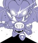  armor bat_wings fecto_forgo galaxia_(sword) gloves glowing glowing_eyes greyscale holding holding_sword holding_weapon kirby_(series) kirby_and_the_forgotten_land knightcall looking_at_viewer mask meta_knight monochrome monster no_humans pauldrons shadow shoulder_armor slashing sword weapon wings 