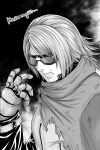  ... 1boy aoki_masahiko clenched_teeth cloak english_text glint goggles greyscale hatching_(texture) highres krohnen male_focus mechanical_arms medium_hair monochrome parted_lips snk solo teeth the_king_of_fighters the_king_of_fighters_xv torn torn_cloak torn_clothes upper_body zipper zipper_pull_tab 