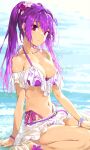  1girl absurdres bangs bare_shoulders beach bikini bracelet breasts cleavage collarbone fate/grand_order fate_(series) flower haimura_kiyotaka hair_between_eyes hair_flower hair_ornament highres jewelry large_breasts long_hair looking_at_viewer microskirt navel ocean purple_bikini purple_hair red_eyes sandals scathach_(fate) scathach_skadi_(fate) scathach_skadi_(swimsuit_ruler)_(fate) shore sitting skirt solo swimsuit thighs twintails wariza 