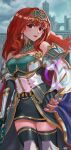  1girl absurdres armor bare_shoulders black_thighhighs breastplate breasts castle celica_(fire_emblem) cleavage crown dress earrings fingerless_gloves fire_emblem fire_emblem_echoes:_shadows_of_valentia fire_emblem_heroes gloves green_armor green_gloves highres jewelry karmamissile731 long_hair looking_at_viewer medium_breasts official_alternate_costume red_eyes red_hair smile solo thighhighs tiara zettai_ryouiki 