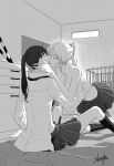  2girls absurdres all_fours closed_eyes french_kiss greyscale gym_storeroom highres indoors karanomori_shion kiss kunizuka_yayoi monochrome multiple_girls neiigal ponytail psycho-pass signature sitting tongue yuri 