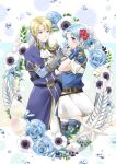  1boy 1girl absurdres bangs belt blonde_hair blue_eyes blue_hair blush circlet fingerless_gloves fire_emblem fire_emblem:_the_binding_blade flower gloves green_tapir hair_flower hair_ornament highres klein_(fire_emblem) purple_eyes short_hair skirt thea_(fire_emblem) thighhighs white_skirt 