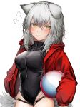  1girl :/ absurdres animal_ears arknights ball beachball grey_hair hair_between_eyes highres holding holding_ball jacket looking_at_viewer official_alternate_costume open_clothes open_jacket projekt_red_(arknights) projekt_red_(light_breeze)_(arknights) red_jacket simple_background solo tab_head white_background yellow_eyes 