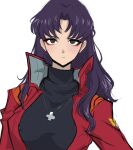  1girl bangs blush breasts brown_eyes closed_mouth cross cross_necklace ear_piercing highres jacket jewelry katsuragi_misato long_hair looking_at_viewer makeup miaru necklace neon_genesis_evangelion piercing purple_hair red_jacket simple_background solo turtleneck upper_body white_background 