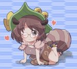  1girl :3 animal_ears bell blue_background blush brown_eyes brown_hair brown_shirt brown_skirt chibi closed_mouth commentary_request full_body futatsuiwa_mamizou glasses green_headwear hat heart jingle_bell one_eye_closed pince-nez raccoon_ears raccoon_tail rokugou_daisuke round_eyewear shirt short_hair short_sleeves signature skirt solo tail touhou yagasuri 