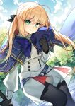 1girl ahoge artoria_caster_(fate) artoria_caster_(second_ascension)_(fate) artoria_pendragon_(fate) belt beret black_bow black_gloves black_pantyhose blonde_hair blue_belt blue_cloak blue_headwear bow buttons capelet cloak cloud cloudy_sky collared_shirt day fate/grand_order fate_(series) gem gloves gold_trim green_eyes green_gemstone hat holding holding_staff kamiowl long_hair multicolored_capelet o-ring_belt open_mouth pantyhose purple_bow shirt skirt sky smile staff teeth twintails white_shirt white_skirt 