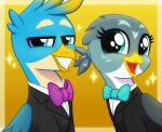  avian beak black_tie_(suit) blue_body blue_eyes blue_feathers clothing duo feathers female feral friendship_is_magic gabby_(mlp) gallus_(mlp) green_body green_feathers grin gryphon hasbro hi_res looking_at_viewer male my_little_pony mythological_avian mythology open_mouth smile suit tan_body uniform whitequartztheartist wings yellow_beak 