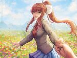  1girl bangs blue_skirt blue_sky brown_hair collared_shirt commentary_request day deviantart_username doki_doki_literature_club field fingernails flower flower_field green_eyes grey_jacket hair_ribbon hand_grab jacket long_hair long_sleeves looking_at_viewer monika_(doki_doki_literature_club) neck_ribbon nose out_of_frame outdoors parted_lips patreon_username photoshop_(medium) pleated_skirt ponytail pov pov_hands red_ribbon red_vest revision ribbon sciamano240 shirt skirt sky smile solo_focus standing vest white_ribbon white_shirt wing_collar 