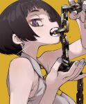  1girl bangs biting black_hair bob_cut breasts chain earrings grey_nails grey_shirt highres holding holding_chain hyocorou jewelry kyouka_jinrui_amunero large_breasts looking_at_viewer nail_polish purple_eyes shirt short_hair simple_background sleeveless sleeveless_shirt solo sparkle upper_body yellow_background 