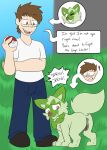  anus body_swap clothed clothing detectivecoon duo english_text female feral frown generation_9_pokemon genitals green_body hi_res holding_object holding_pok&eacute;ball human looking_at_another male male/female mammal naughty_face nintendo pokeball pokemon pokemon_(species) pussy raised_tail sprigatito text video_games 