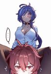  ... 1boy 1girl :3 bangs between_legs black_thighhighs blue_eyes blue_hair blush breasts cleavage closed_mouth dark-skinned_female dark_skin diluc_(genshin_impact) eyepatch genderswap genderswap_(mtf) genshin_impact hair_between_eyes head_between_thighs highres kaeya_(genshin_impact) large_breasts long_hair multicolored_hair red_eyes red_hair sabakuyoru shirt simple_background sitting spoken_ellipsis streaked_hair sweat thighhighs white_shirt 