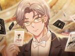  1boy artist_name black_jacket bow bowtie card closed_mouth collared_shirt formal glasses highres holding holding_card indoors jacket looking_at_viewer mole mole_under_eye nirvelia playing_card shirt short_hair smile solo tears_of_themis upper_body vyn_richter_(tears_of_themis) white_bow white_bowtie white_hair white_shirt yellow_eyes 