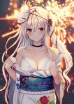  1girl bangs blush bra breasts choker cleavage clothes_pull collarbone fireworks floral_print hair_ornament highres japanese_clothes kimono large_breasts liya long_hair looking_at_viewer mask mask_on_head obi original parted_lips red_eyes sash side_ponytail solo underwear yukata 