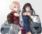  2girls backpack bag bangs belt black_hair blonde_hair blue_dress bob_cut car closed_mouth dress finger_on_trigger grey_dress ground_vehicle gun hair_ribbon handgun holding holding_gun holding_weapon inoue_takina long_hair looking_at_viewer lycoris_recoil lycoris_uniform m1911 motor_vehicle multiple_girls nishikigi_chisato nyoro_(nyoronyoro000) pleated_dress purple_eyes red_belt red_dress red_eyes red_ribbon ribbon school_uniform short_hair smile two-tone_dress weapon 