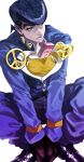  1boy blue_eyes blue_gakuran blue_hair blue_pants brooch diamond_wa_kudakenai drinking_straw_in_mouth earrings gakuran heart higashikata_josuke highres jewelry jojo_no_kimyou_na_bouken loafers male_focus my_nameisyoon pants peace_symbol pompadour school_uniform shirt shoes solo strawberry_milk stud_earrings white_background yellow_shirt zipper 