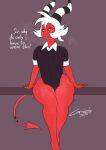  anthro black_clothing blush bodily_fluids clothing curvy_figure curvy_male demon embarrassed freckles girly gwizzly hair helluva_boss hi_res imp leotard male moxxie_(helluva_boss) musk nervous red_body red_skin sitting solo sweat text thick_thighs white_hair white_text yellow_eyes 