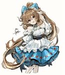  animal_ears arknights arm_up artist_name bare_shoulders bell blue_bow blue_skirt bow brown_eyes brown_hair cowboy_shot dress eyjafjalla_(arknights) eyjafjalla_the_hvit_aska_(a_picnic_before_a_long_trip)_(arknights) eyjafjalla_the_hvit_aska_(arknights) frills hair_between_eyes highres horns nugope_(10daikun_osi) sheep_ears side_ponytail skirt smile white_background white_dress 